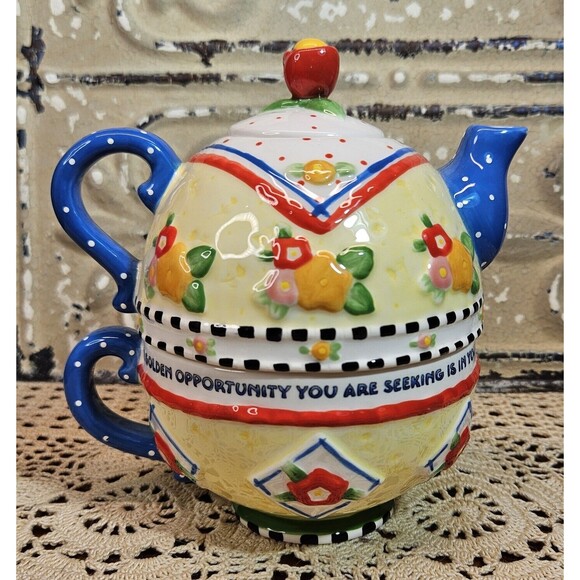 Mary Engelbreit "Golden Opportunity" Tea For One Tea Pot & Cup Floral ME 2001 - Picture 1 of 15